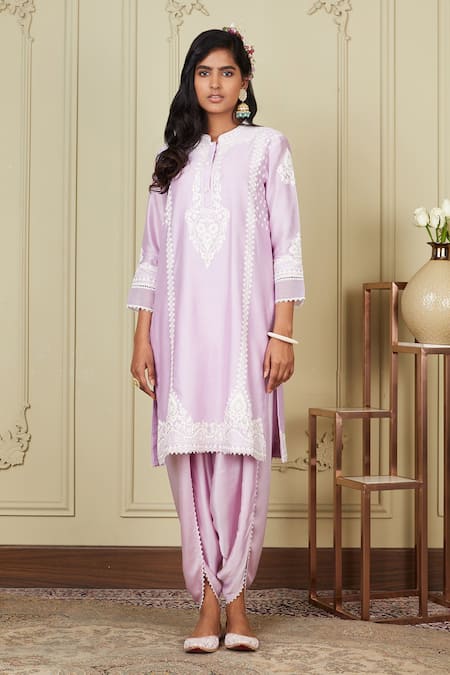 Buy Sheetal Batra Purple Kurta Silk Chanderi Dhoti Pant Bamberg Satin Dori Work Ayanna And Set at Aza Fashions Buy_Sheetal Batra_Purple Kurta Silk Chanderi Dhoti Pant Bamberg Satin Dori Work Ayanna And Set _at_Aza_Fashions