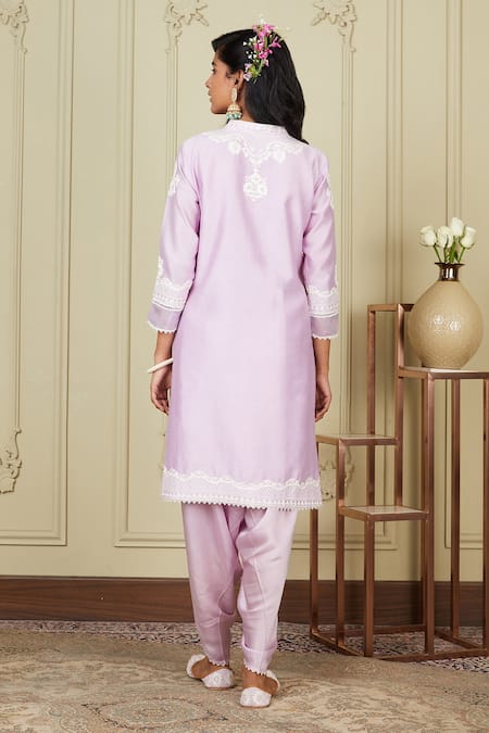 Shop Sheetal Batra Purple Kurta Silk Chanderi Dhoti Pant Bamberg Satin Dori Work Ayanna And Set at Aza Fashions Shop_Sheetal Batra_Purple Kurta Silk Chanderi Dhoti Pant Bamberg Satin Dori Work Ayanna And Set _at_Aza_Fashions