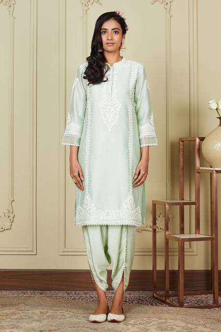 Sheetal Batra Green Kurta Silk Chanderi Dhoti Pant Bamberg Ayanna Embroidered And Set Online at Aza Fashions Sheetal Batra_Green Kurta Silk Chanderi Dhoti Pant Bamberg Ayanna Embroidered And Set _Online_at_Aza_Fashions
