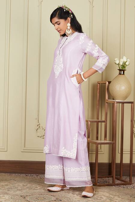 Buy_Sheetal Batra_Purple Kurta Silk Chanderi Palazzo Cambric Dori Work Banafsha And Set_Online_at_Aza_Fashions