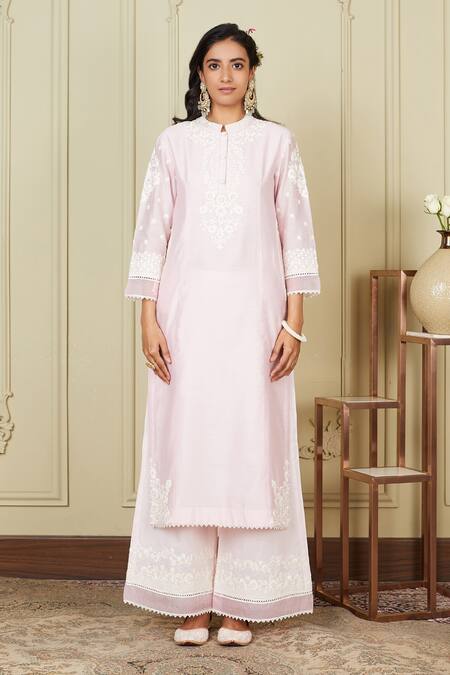 Sheetal Batra_Pink Kurta Silk Chanderi Palazzo Cambric Dori Work Banafsha Straight And Set_Online_at_Aza_Fashions