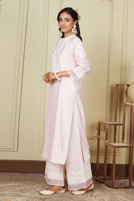 Buy_Sheetal Batra_Pink Kurta Silk Chanderi Palazzo Cambric Dori Work Banafsha Straight And Set_Online_at_Aza_Fashions
