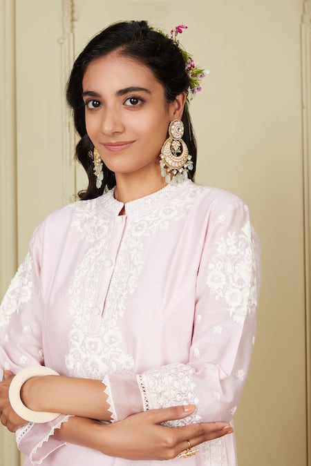 Shop_Sheetal Batra_Pink Kurta Silk Chanderi Palazzo Cambric Dori Work Banafsha Straight And Set_Online_at_Aza_Fashions