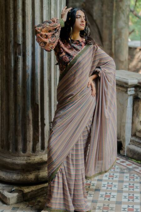 Nikita Vishakha Multi Color Georgette Persian, Stripe Pattern, Zari Printed Saree With Blouse Online at Aza Fashions Nikita Vishakha_Multi Color Georgette Persian, Stripe Pattern, Zari Printed Saree With Blouse_Online_at_Aza_Fashions
