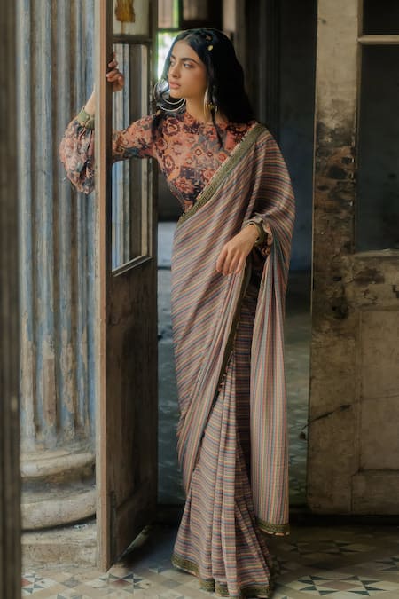 Shop Nikita Vishakha Multi Color Georgette Persian, Stripe Pattern, Zari Printed Saree With Blouse at Aza Fashions Shop_Nikita Vishakha_Multi Color Georgette Persian, Stripe Pattern, Zari Printed Saree With Blouse_at_Aza_Fashions