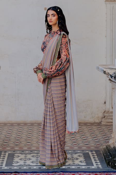 Buy Nikita Vishakha Multi Color Georgette Persian, Stripe Pattern, Zari Printed Saree With Blouse Online at Aza Fashions Buy_Nikita Vishakha_Multi Color Georgette Persian, Stripe Pattern, Zari Printed Saree With Blouse_Online_at_Aza_Fashions
