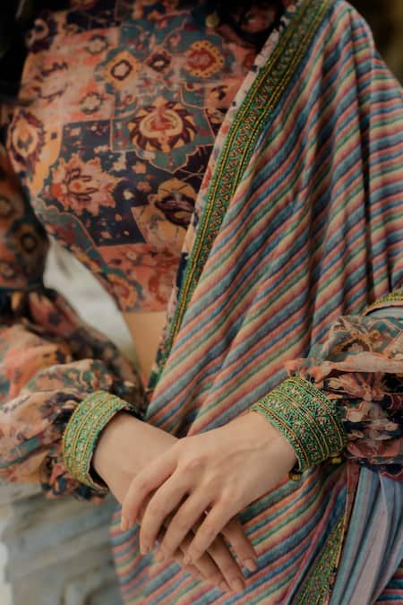 Nikita Vishakha Multi Color Georgette Persian, Stripe Pattern, Zari Printed Saree With Blouse at Aza Fashions Nikita Vishakha_Multi Color Georgette Persian, Stripe Pattern, Zari Printed Saree With Blouse_at_Aza_Fashions