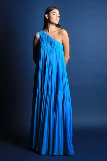Swatee Singh_Blue Georgette One Shoulder Gown _Online_at_Aza_Fashions