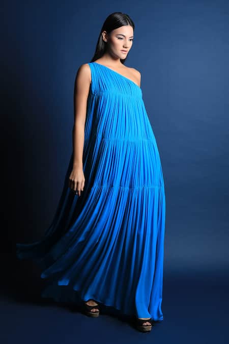 Buy_Swatee Singh_Blue Georgette One Shoulder Gown _Online_at_Aza_Fashions