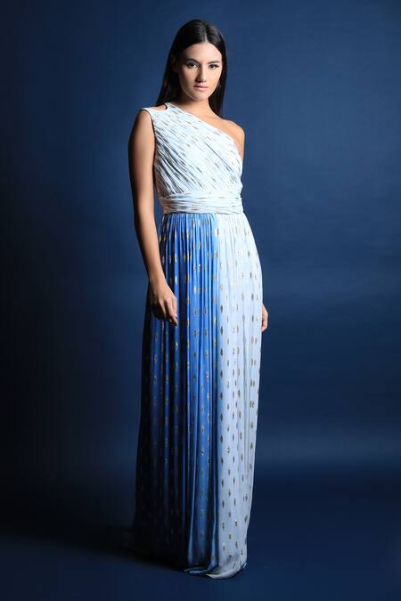 Swatee Singh_Blue Georgette One Shoulder Gown _Online_at_Aza_Fashions