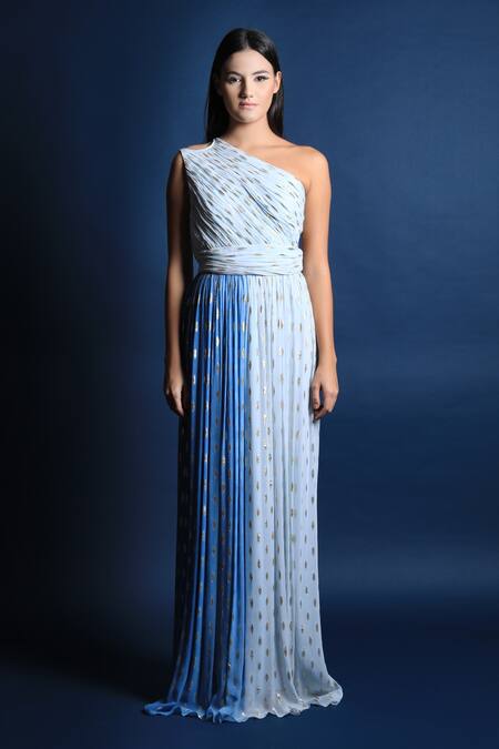 Buy_Swatee Singh_Blue Georgette One Shoulder Gown _Online_at_Aza_Fashions