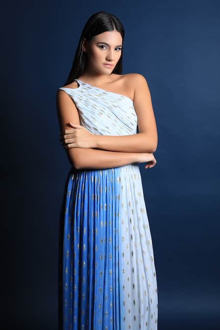 Swatee Singh_Blue Georgette One Shoulder Gown _at_Aza_Fashions