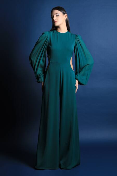Swatee Singh Green Heavy Crepe Round Puff Sleeves Jumpsuit Online at Aza Fashions Swatee Singh_Green Heavy Crepe Round Puff Sleeves Jumpsuit _Online_at_Aza_Fashions