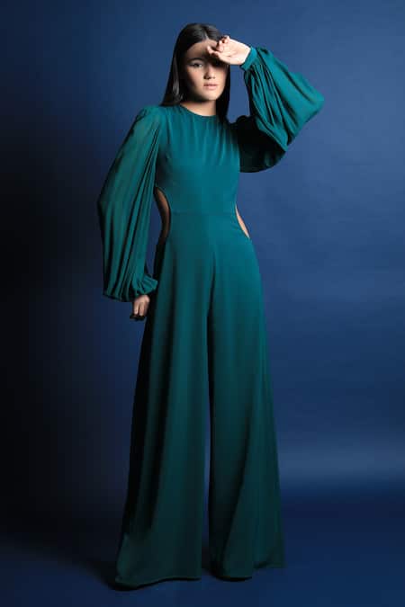 Shop_Swatee Singh_Green Heavy Crepe Round Puff Sleeves Jumpsuit _Online_at_Aza_Fashions