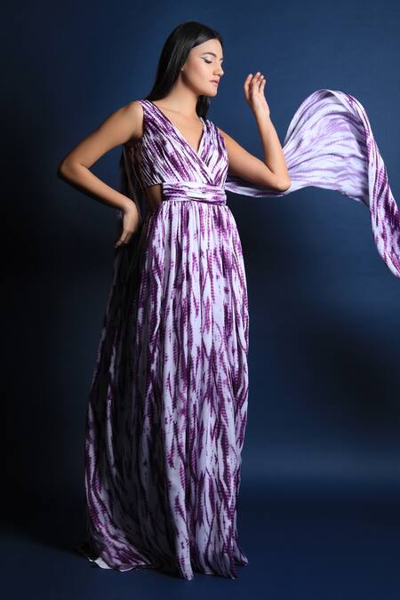 Swatee Singh_Purple Heavy Crepe Tie And Dye V Neck & Gown _Online_at_Aza_Fashions