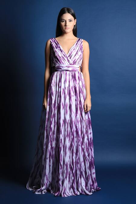 Buy_Swatee Singh_Purple Heavy Crepe Tie And Dye V Neck & Gown _Online_at_Aza_Fashions