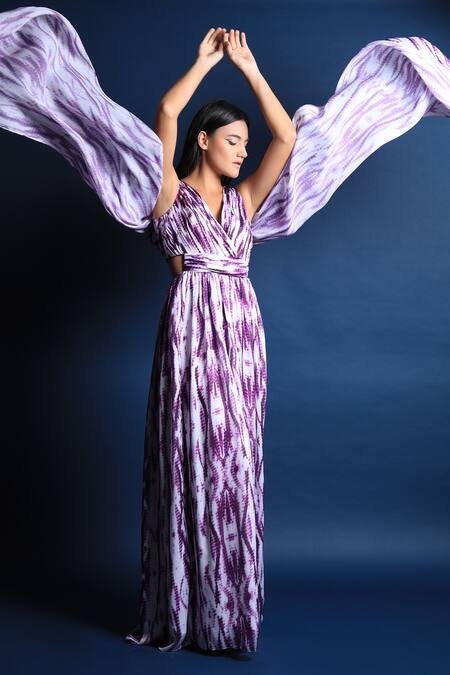 Shop_Swatee Singh_Purple Heavy Crepe Tie And Dye V Neck & Gown _Online_at_Aza_Fashions