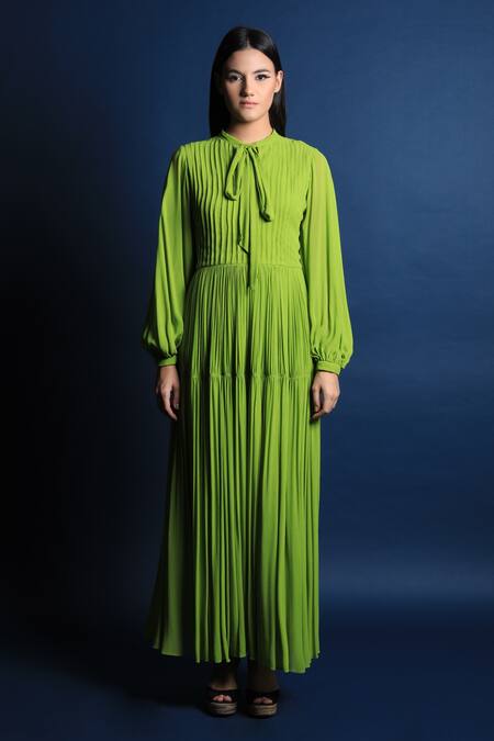 Buy_Swatee Singh_Green Georgette Bow Puff Sleeves Maxi Dress _Online_at_Aza_Fashions