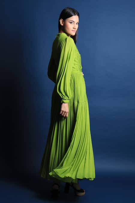 Shop Swatee Singh Green Georgette Bow Puff Sleeves Maxi Dress Online at Aza Fashions Shop_Swatee Singh_Green Georgette Bow Puff Sleeves Maxi Dress _Online_at_Aza_Fashions