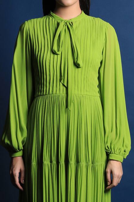 Swatee Singh Green Georgette Bow Puff Sleeves Maxi Dress at Aza Fashions Swatee Singh_Green Georgette Bow Puff Sleeves Maxi Dress _at_Aza_Fashions