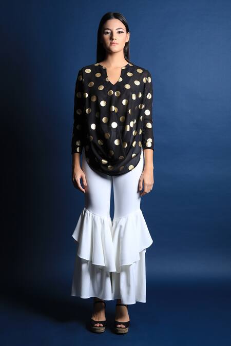 Swatee Singh_Black Heavy Georgette Polka Dot Notched Top _Online_at_Aza_Fashions