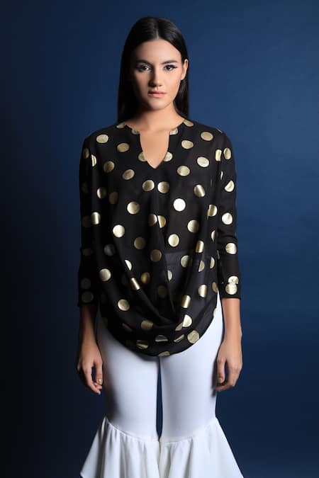 Shop_Swatee Singh_Black Heavy Georgette Polka Dot Notched Top _Online_at_Aza_Fashions
