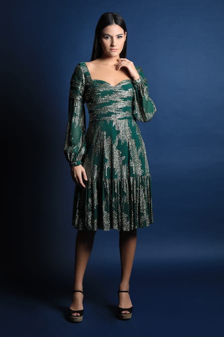 Swatee Singh Green Georgette Sweetheart Neck Ruffle Hem Midi Dress 