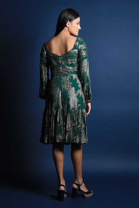 Shop_Swatee Singh_Green Georgette Sweetheart Neck Ruffle Hem Midi Dress _at_Aza_Fashions