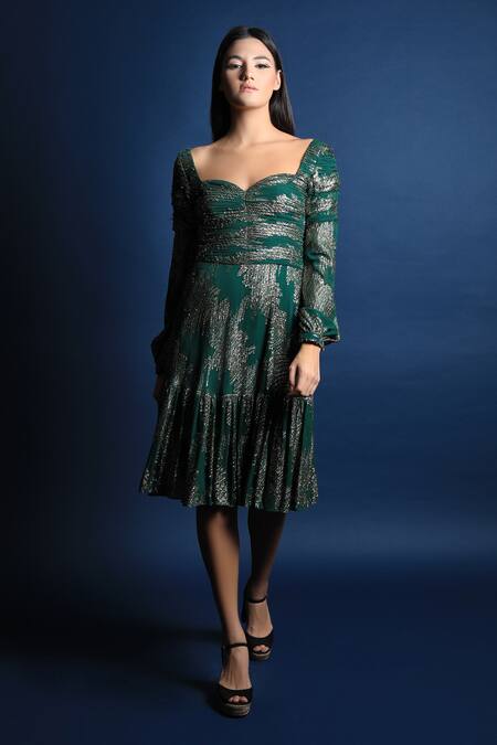 Swatee Singh_Green Georgette Sweetheart Neck Ruffle Hem Midi Dress _Online_at_Aza_Fashions