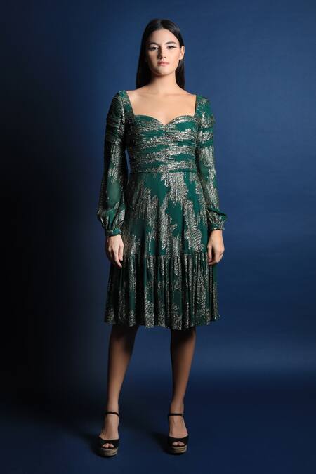 Buy_Swatee Singh_Green Georgette Sweetheart Neck Ruffle Hem Midi Dress _Online_at_Aza_Fashions