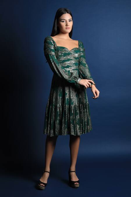 Shop_Swatee Singh_Green Georgette Sweetheart Neck Ruffle Hem Midi Dress _Online_at_Aza_Fashions