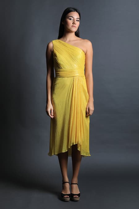 Swatee Singh_Yellow Georgette Sequin One Shoulder Dress _Online_at_Aza_Fashions