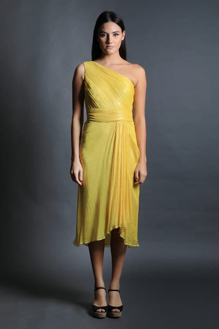 Buy_Swatee Singh_Yellow Georgette Sequin One Shoulder Dress _Online_at_Aza_Fashions