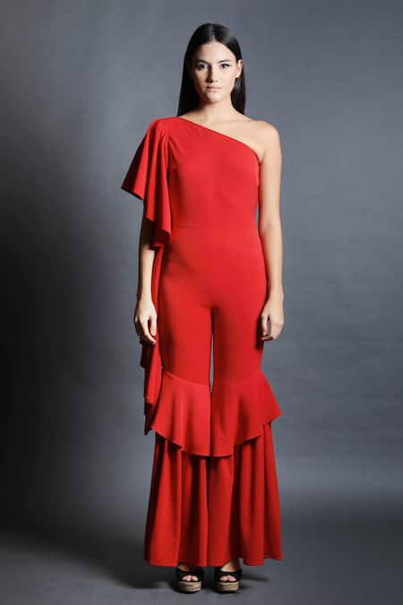 Swatee Singh_Red Heavy Crepe One Shoulder Jumpsuit _Online_at_Aza_Fashions