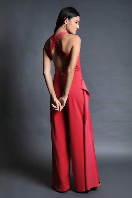 Shop_Swatee Singh_Fuchsia Heavy Crepe Round Criss-cross Back Jumpsuit _at_Aza_Fashions