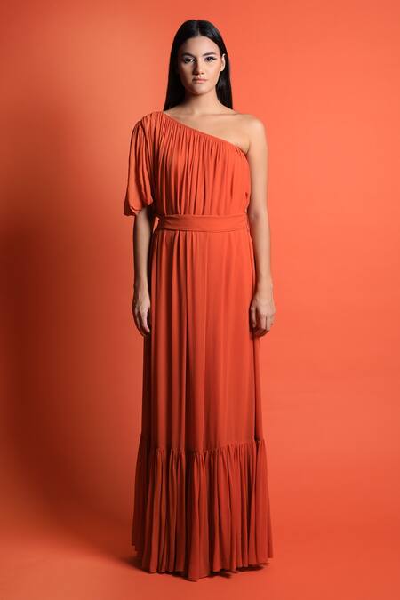 Swatee Singh_Orange Georgette One Shoulder Gown _Online_at_Aza_Fashions