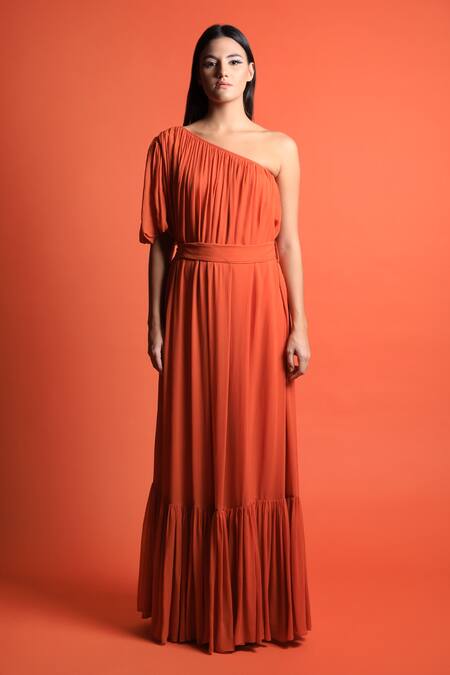 Buy_Swatee Singh_Orange Georgette One Shoulder Gown _Online_at_Aza_Fashions