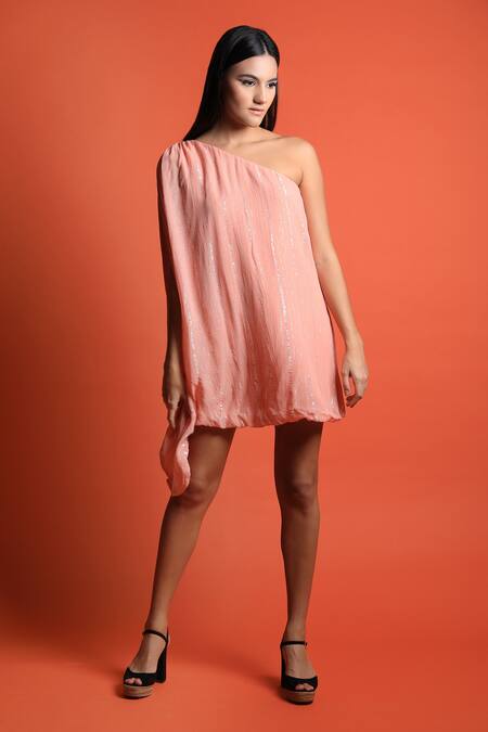 Swatee Singh_Peach Georgette One Shoulder Dress _Online_at_Aza_Fashions