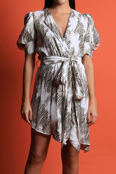 Shop_Swatee Singh_Ivory Georgette Collared Neck Woven Wrap Dress _Online_at_Aza_Fashions