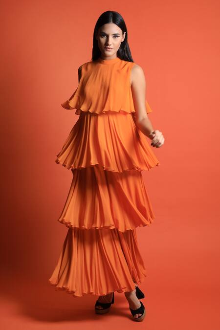 Swatee Singh_Orange Georgette High Neck Tiered Gown _Online_at_Aza_Fashions