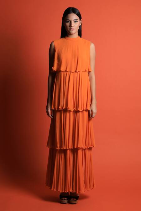 Buy_Swatee Singh_Orange Georgette High Neck Tiered Gown _Online_at_Aza_Fashions