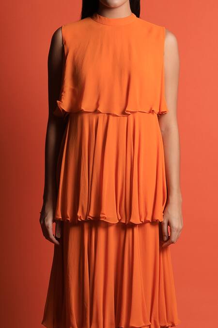 Shop Swatee Singh Orange Georgette High Neck Tiered Gown Online at Aza Fashions Shop_Swatee Singh_Orange Georgette High Neck Tiered Gown _Online_at_Aza_Fashions