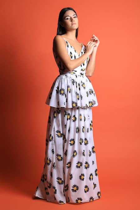 Swatee Singh_Ivory Georgette Sunflower Print V Neck Gown _Online_at_Aza_Fashions