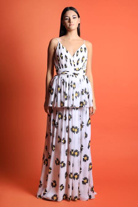 Buy_Swatee Singh_Ivory Georgette Sunflower Print V Neck Gown _Online_at_Aza_Fashions