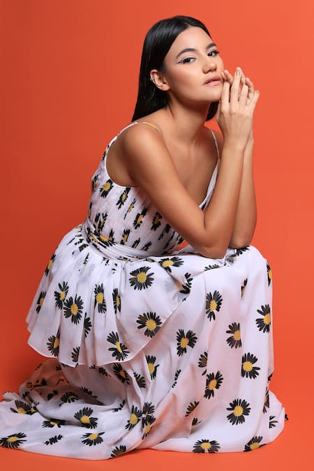 Shop Swatee Singh Ivory Georgette Sunflower Print V Neck Gown Online at Aza Fashions Shop_Swatee Singh_Ivory Georgette Sunflower Print V Neck Gown _Online_at_Aza_Fashions