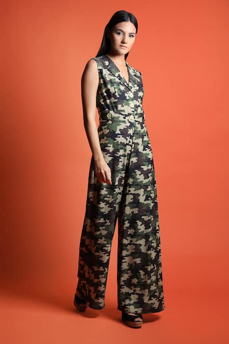 Swatee Singh_Green Heavy Crepe Camo Print Lapel Collar Jumpsuit _Online_at_Aza_Fashions