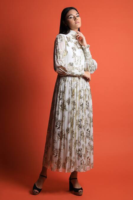 Swatee Singh_Ivory Georgette Floral Motifs High Neck Woven Dress _Online_at_Aza_Fashions