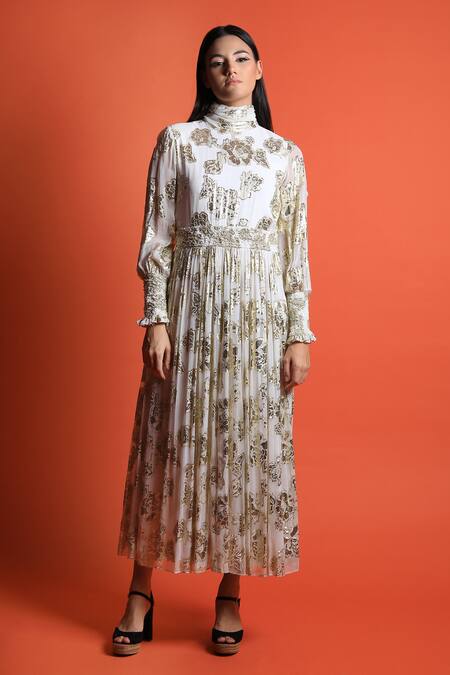 Buy_Swatee Singh_Ivory Georgette Floral Motifs High Neck Woven Dress _Online_at_Aza_Fashions