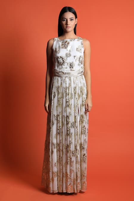 Swatee Singh_Ivory Georgette Floral Motifs Round Woven Gown _Online_at_Aza_Fashions