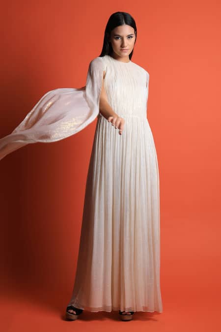 Swatee Singh_Ivory Georgette Round Fit And Flare Gown _Online_at_Aza_Fashions